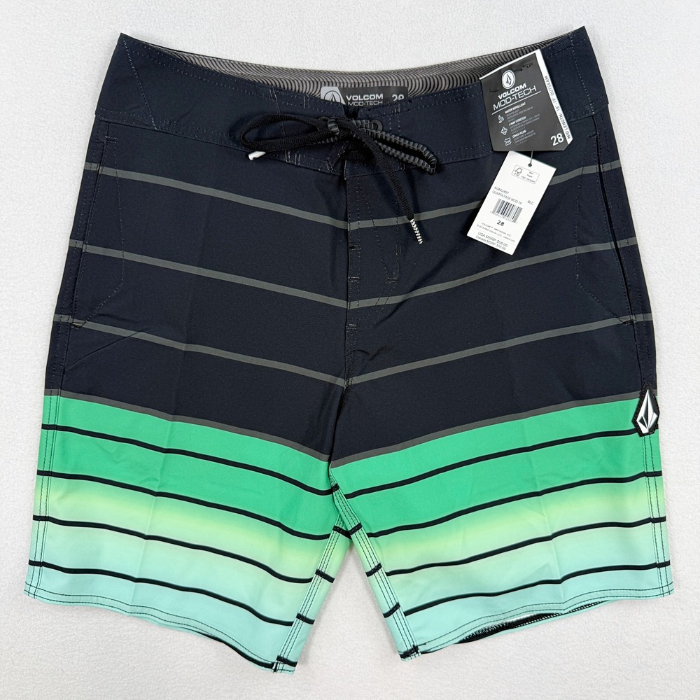 Volcom Mod-Tech Board Shorts / Size 28 Mens / Black Greeen Stripes, New